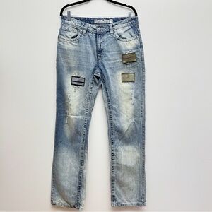 Vintage Machine Distressed Flag Patchwork Straight Leg Jeans Men’s 32 X 34